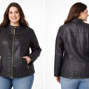 Baccini Black Faux Leather Zip-Front Jacket with Gold Hardware